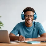 다이빙 강사 온라인 수업 활용법 - **Prompt:** A diverse young adult, wearing a comfortable t-shirt and jeans, is seated at a minimalis...