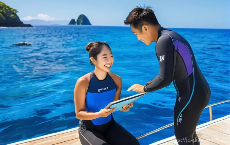 다이빙 강사 자격 유지 요건 - **Prompt:** A group of diverse divers, including a male Japanese diving instructor in his 40s and tw...