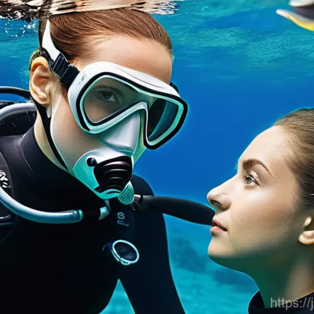 다이빙 강사와 강습생의 소통 팁 - **Prompt:** A female diver with a slightly concerned but composed expression, making direct eye cont...