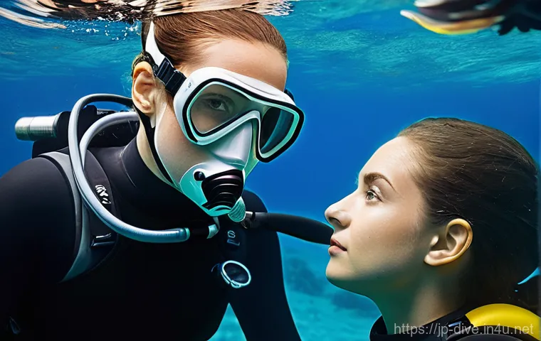 다이빙 강사와 강습생의 소통 팁 - **Prompt:** A female diver with a slightly concerned but composed expression, making direct eye cont...