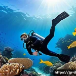 다이빙 강사와 해양 환경 보존 - A serene underwater scene featuring a scuba diver wearing a full wetsuit, gloves, and fins, carefull...