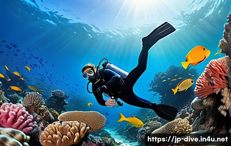다이빙 강사와 해양 환경 보존 - A serene underwater scene featuring a scuba diver wearing a full wetsuit, gloves, and fins, carefull...