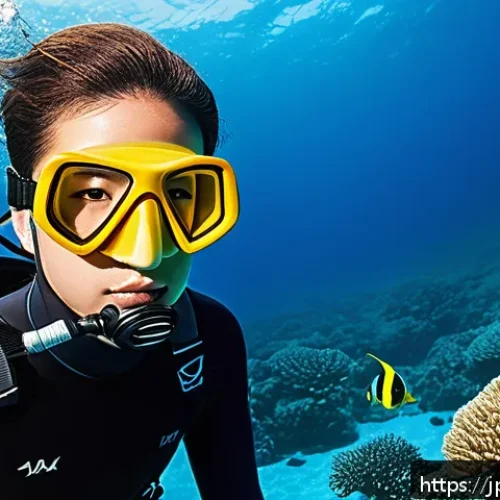 PADI 다이빙 강사 자격 취득 방법 - A detailed scene of a young Japanese diving instructor wearing a full wetsuit, mask, and fins, leadi...