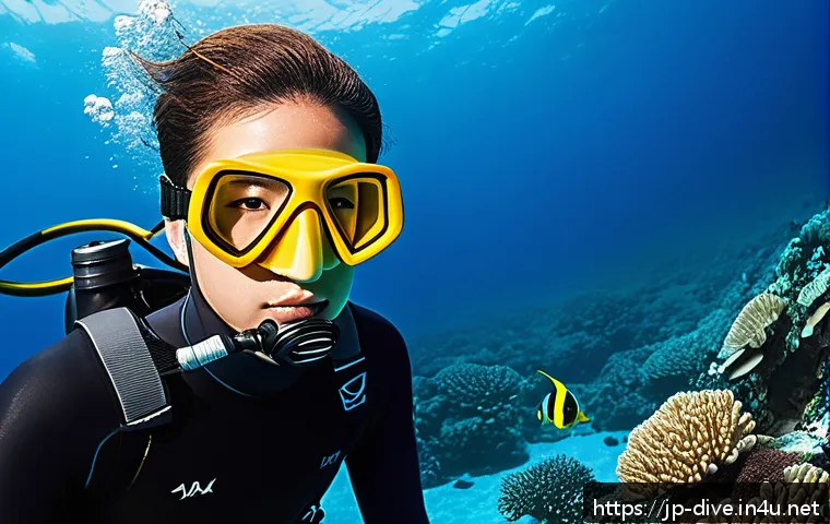 PADI 다이빙 강사 자격 취득 방법 - A detailed scene of a young Japanese diving instructor wearing a full wetsuit, mask, and fins, leadi...