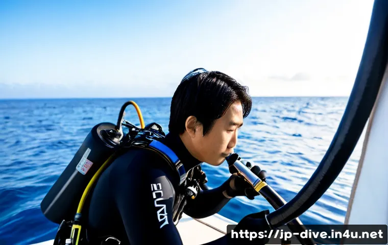 다이빙 강사 실무에서 흔히 발생하는 문제 - Photorealistic Japanese scuba diving instructor on a calm coastal dive boat, carefully checking a st...